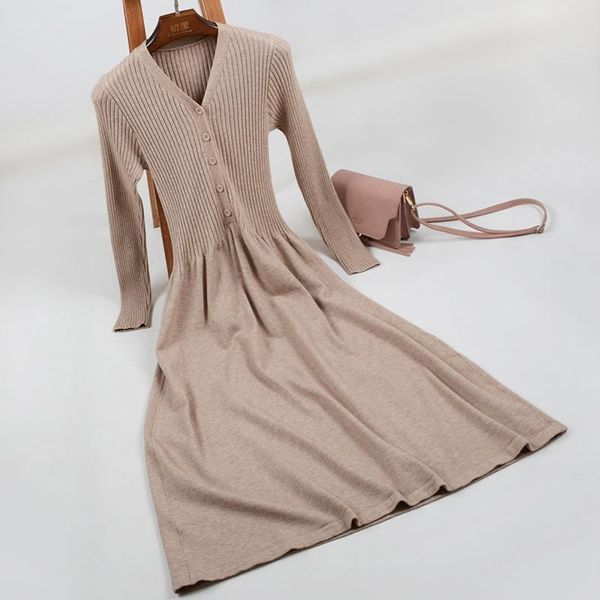 

casual dresses 2021 autumn and winter dress v-neck button knit sweater big swing long knitted waist, Black;gray