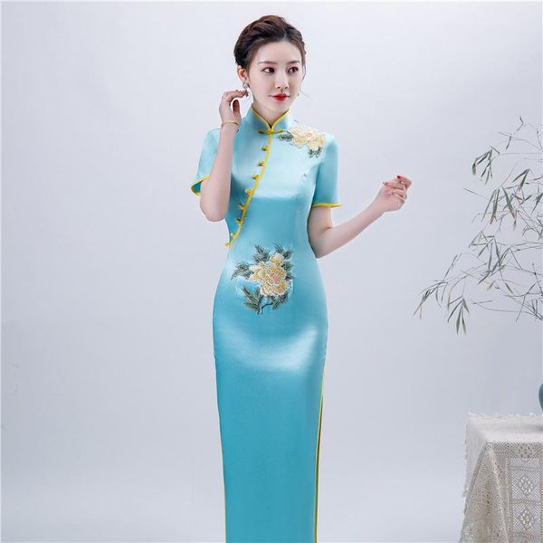

ethnic clothing blue short sleeve lady qipao print peony rhinestone elegant vintage button cheongsam classic collar chinese dress gown, Red