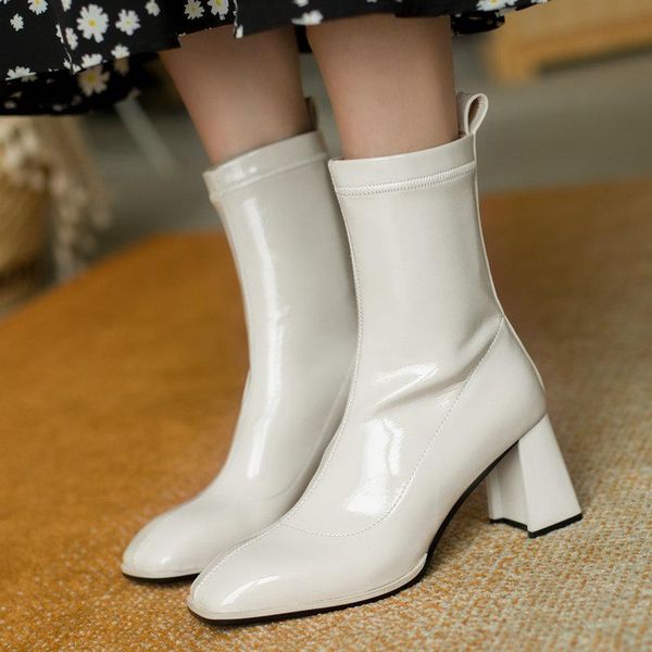 

boots autumn niche chic one-step mid-calf women fashion patent leather high heels square toe thick heel spring shoes white, Black