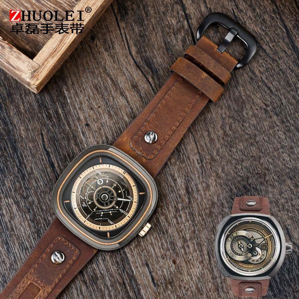 

watch bands for seven on friday q2/03/m2/m021 t2 genuine leather watchband vintage style large size metal riveted men strap 28m, Black;brown