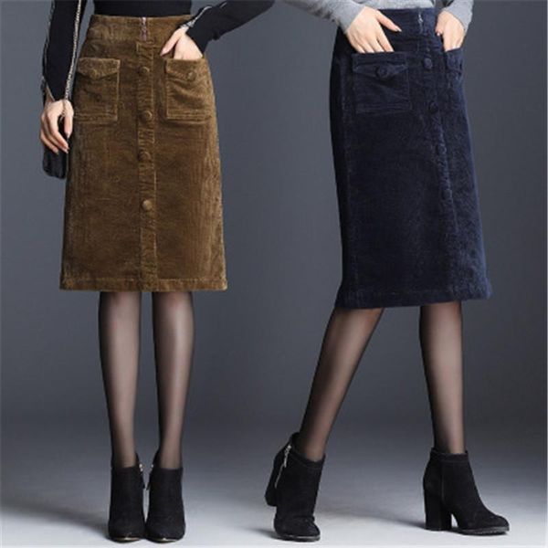 

skirts corduroy women plus size 3xl 4xl split straight skirt female pocket elegant loose elastic waist knee-length rm50069, Black