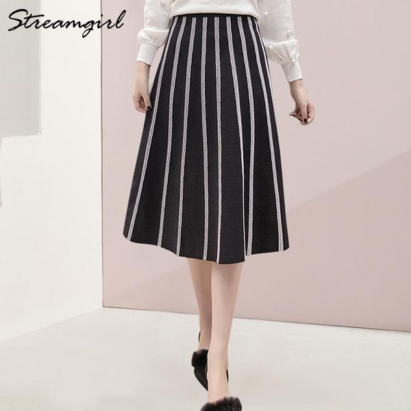 

skirts streamgirl striped skirt high waist for women autumn winter blue knitted with stripes vintage womens chic, Black
