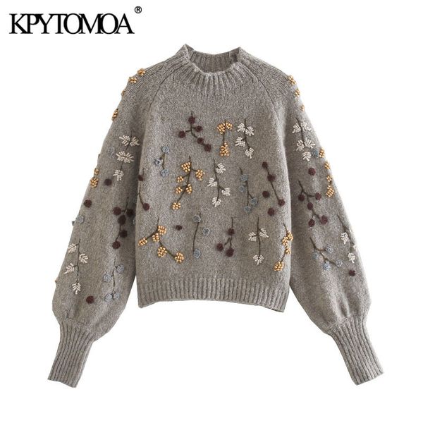 

women fashion with beading embroidery cropped knitted sweater vintage lantern sleeve female pullover chic 210416, White;black