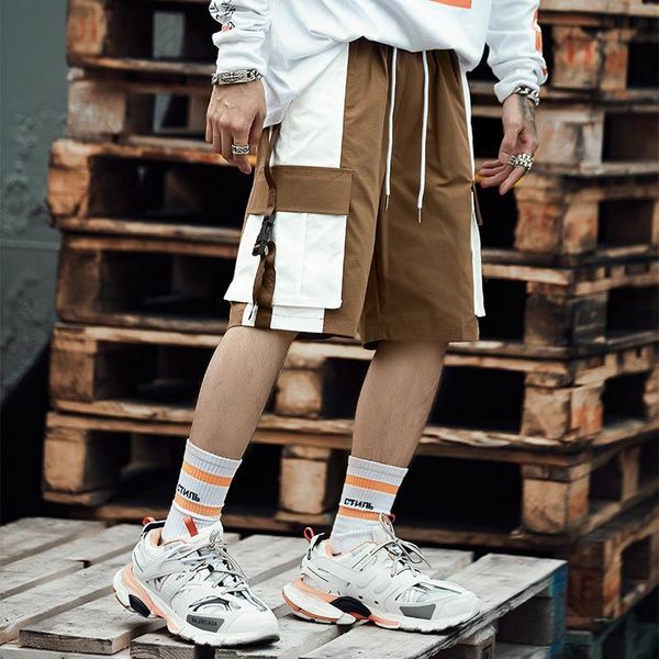 

multi-pocket mens short pants loose bermuda ribbon male fashion baggy overalls 2021 summer casual beach shorts men's, White;black