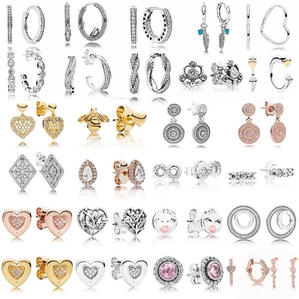 

stud chamss fashion wild 100% 925 sterling silver earrings sparkling heart-shaped signature round earplugs rose gold, Golden;silver