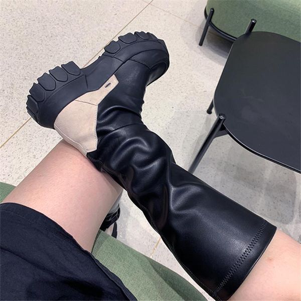 

boots 2021 women slim fit elastic thick sole platform shoes woman soft leather mid-calf flat botas mujer autumn long, Black