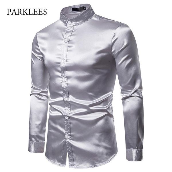 

silk satin shirt men 2021 brand stand collar mens smooth tuxedo shirts casual slim fit wedding camisa hombre chemise homme men's, White;black