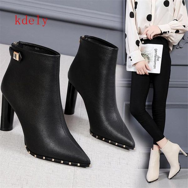 

boots pointed toe pu warm ankle for women fashion short shoes autumn rubber thin heels pumps high, Black