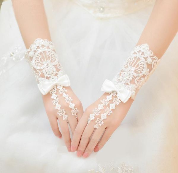 

bridal gloves beaded short bow lace women wrist length fingerless pearl autumn spring ivory wedding accessories lt061, White