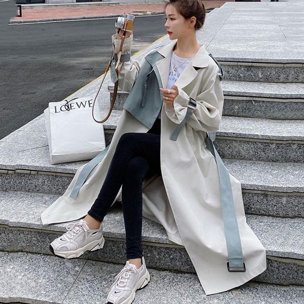 

fashion trench coat female yy1 women's windbreaker spring autumn korean loose long single-breasted beige blue stitching coats, Tan;black