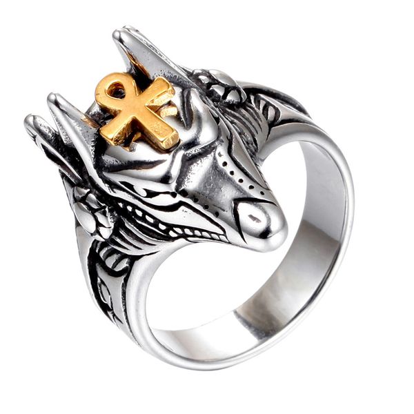 

delicate ring aggressive and creative anubis egyptian cross titanium steel men's punk, Silver