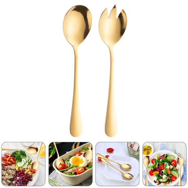 

spoons 2pcs stainless steel salad home fork serving (golden)