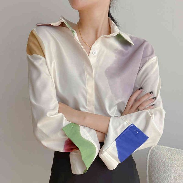 

loose vintage blouse shirt palette printed geometric women blouses long sleeve feminine fashion ladies 908g 210420, White