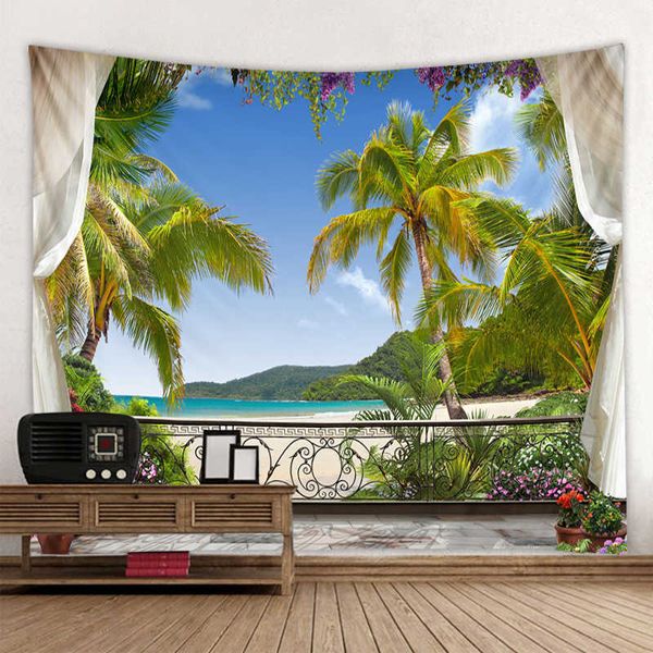 Wunderschöner 3D-Fenster-Meerblick-Druck, Hippie-Wand, Bohemian-Wandteppich, Mandala-Wandkunst, Dekoration 210609