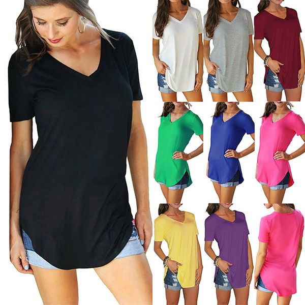 Maglietta casual da donna Top Sexy scollo a V Sciolto Split Fork Splicing Semplicità Manica corta Tinta unita Confortevole Traspirante 9 colori WMD