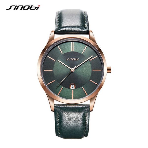 Sinobi Relógios dos homens de alta qualidade Luxo Business Calender Masculino Quartzo Relógios De Couro Verde Relógio Relogio Saat Q0524