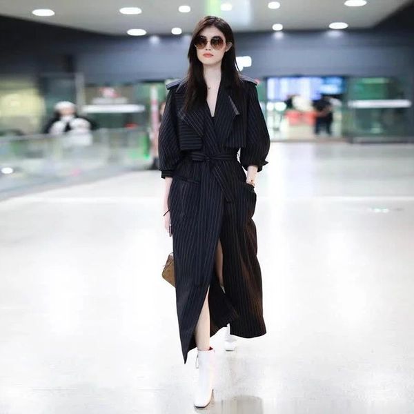 

women's wool & blends spring 2021 knee length striped windbreaker he sui same ol commuter fashion loose coat women, Black