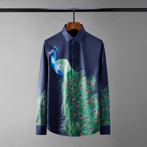 

men's casual shirts silk soft mens luxury peacock digital printed long sleeve dress fashion slim fit party male 3xl, White;black