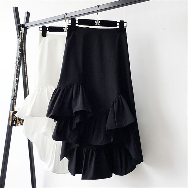 

skirts skirts summer sweet irregular solid cotton a-line long ruffles patchwork w shaped hem pleated mid-calf white black s a4k1