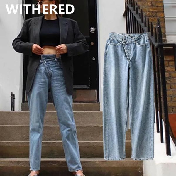 

women's jeans dave&di 2021 vintage mom woman ins fashion blogger high waist irregular loose denim boyfriend for women, Blue