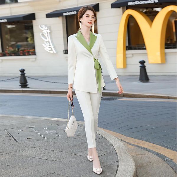 

women's two piece pants 2021 arrival fashion women ladies winter pant suit with bow belt black white s-5xl korean design business 2 set