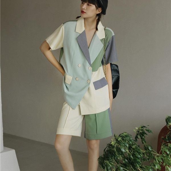 

women's tracksuits two piece short set for women loose korean sleeve blazers suit casual jacket+shorts office lady plus size 2021 s 205, Gray