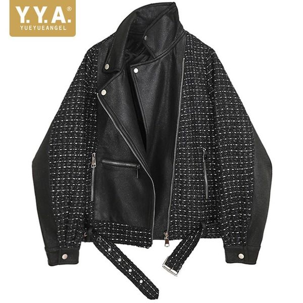 

women's jackets womens mixed colors loose casual office lady turn-down collar zippers pockets korean style fashion biker coat, Black;brown