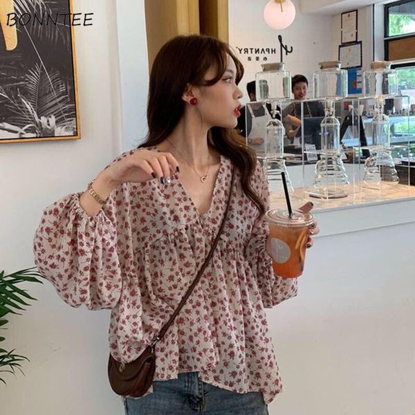

women's blouses & shirts women loose v-neck print elegant sweet simple temperament long sleeve autumn female large size korean style so, White