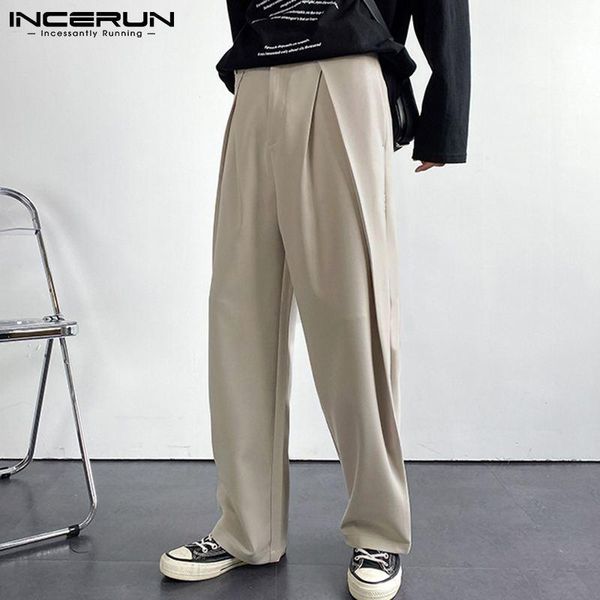 

men's pants incerun 2021 korean style men loose suit solid color trouser straight wide-leg wear fashion casual long s-5xl, Black