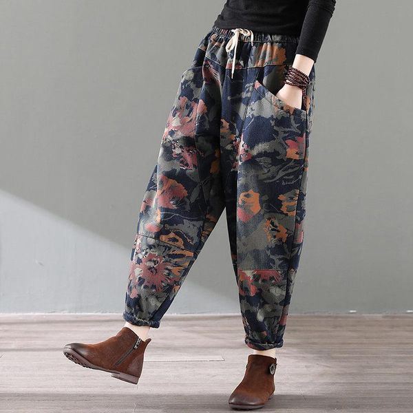 

women's pants & capris 2021 winter jeans vintage woman big pockets loose trouses warm elastic harem casual printed thick fashion street, Black;white