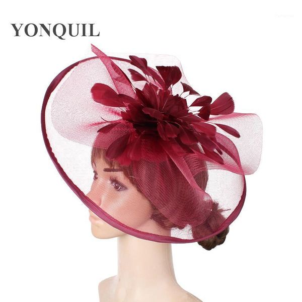

wine red feather flower fascinator wedding hair clips and headbands women party royal ascot bridal church show hat great quality1