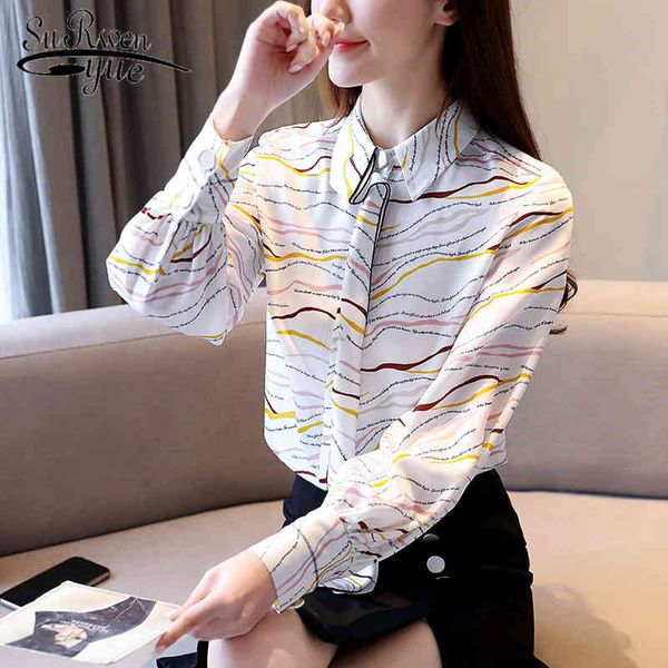 

korean fashion clothing long sleeve print office lady blouse women spring elegant and blusas 8453 50 210521, White