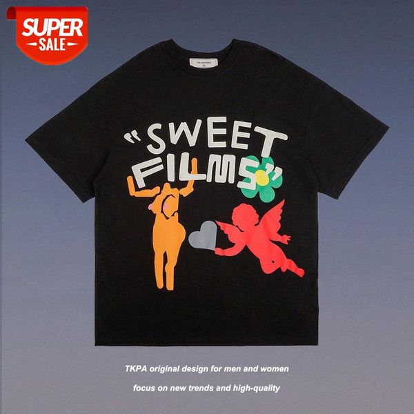 

t shirt retro cartoon foam printed short-sleeved men and women oversize loose high street tide brand couple #vi99, White;black