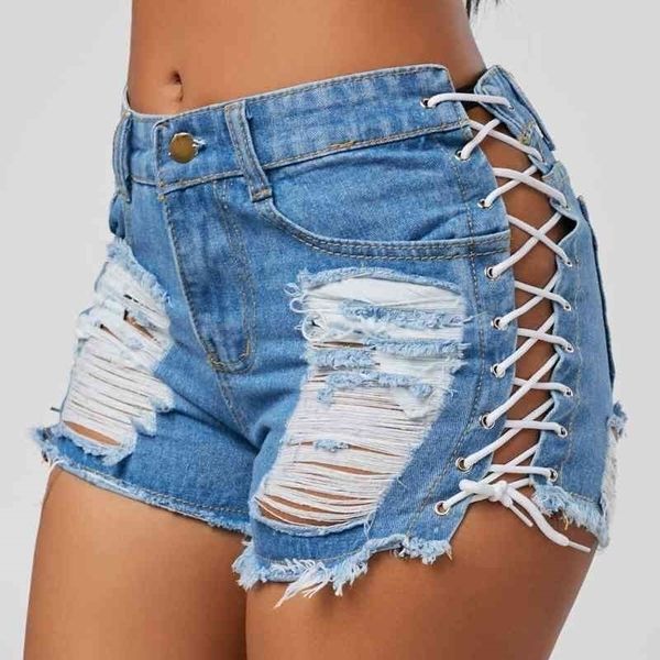 

summer women denim shorts new black blue high waist ripped short jeans femme tassel lace up bandage ants 210408, White;black