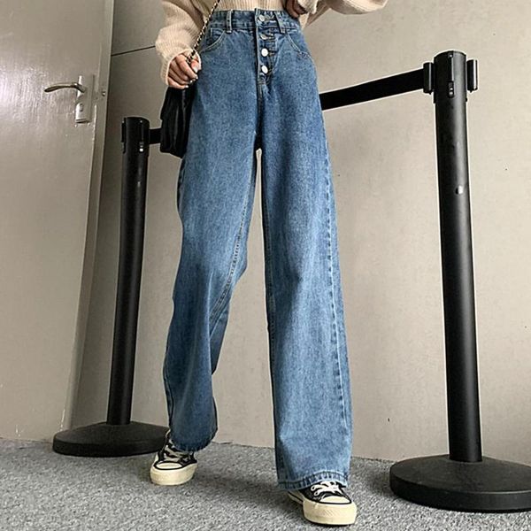 

women's jeans streetwear high waist fashion button wide leg woman girls women pockets pants trousers female jean denim mom, Blue