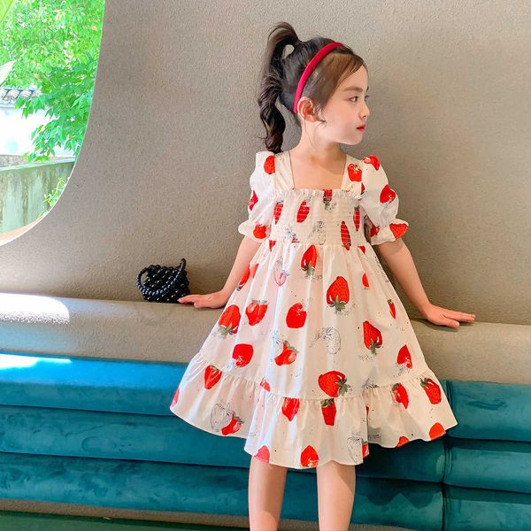 

kids summer beach dress for girls stawberry parttern cotton print sundress a-line lovely toddler clothing 210529, Red;yellow