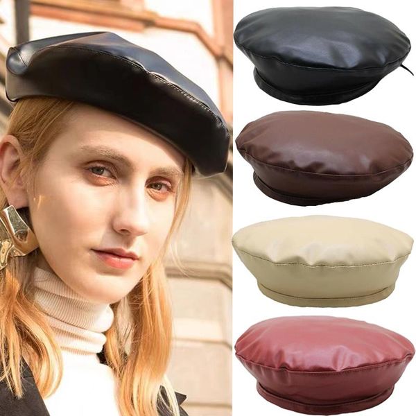 

beanies women girl beret french artist warm winter pu leather beanie hat retro vintage plain solid color elegant ladies