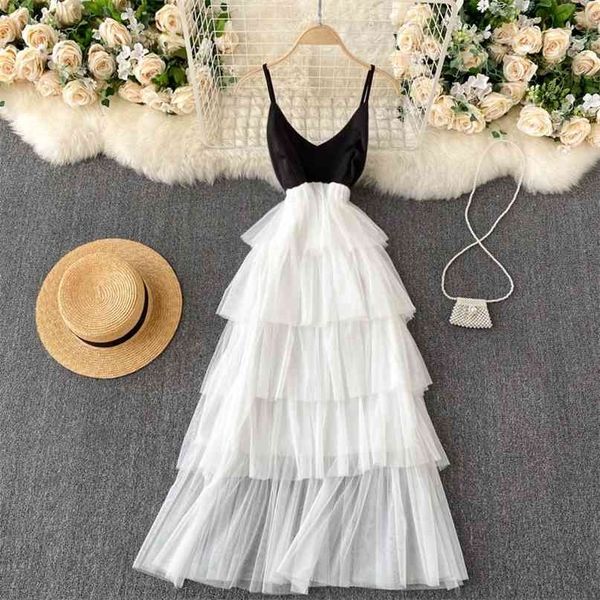 

women cascading ruffles party dress elegant patchwork spaghetti strap sleeveless backless sweet girls mesh summer 210603, Black;gray