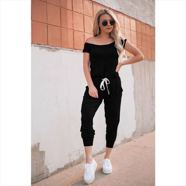 

clubwear short sleeve women rompers off shoulder high waist cotton long trousers, Black;white