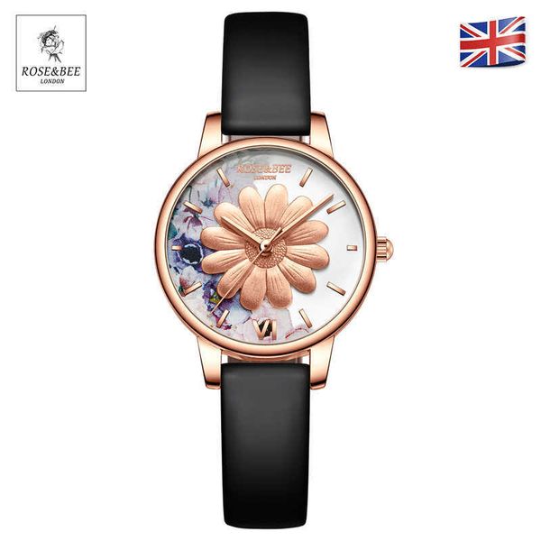 Chrysantheme Blumen Garten Mode Damen Armbanduhren Schwarz Leder Roségold Gehäuse Japan Quarz Armbanduhren für Frauen 210527