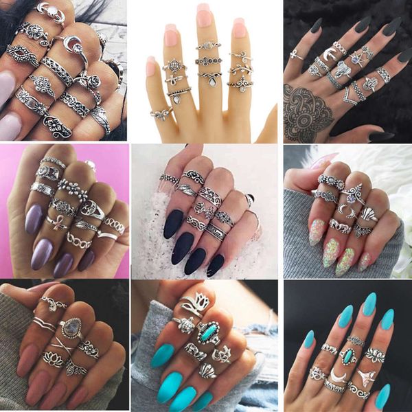 

popular set element combination multi piece geometric women's ring, Black