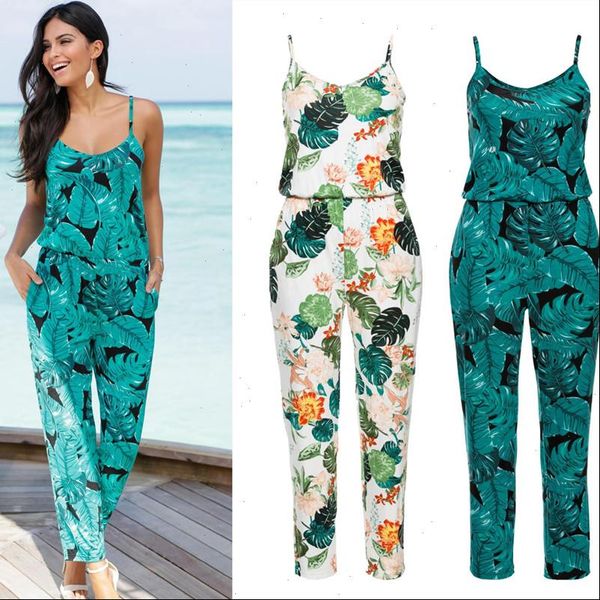 

womens jumpsuit spaghetti strap beach boho leaves floral print romper summer strappy v neck pocket tunic plauysuit, Black;white