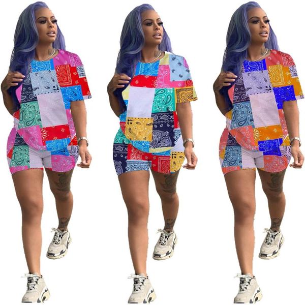

women's tracksuits summer sports and leisure comfortable clothes printed patchwork short-sleeved o-neck shorts 2-piece casual wear, Gray