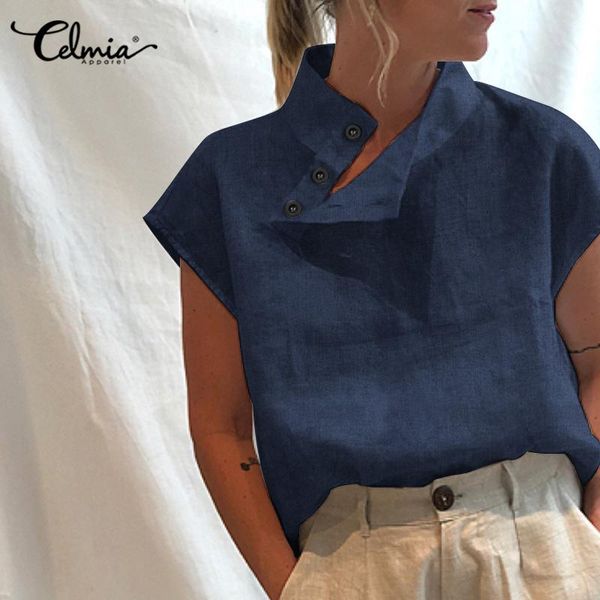 

women's blouses & shirts celmia 2021 fashion blouse women elegant denim short sleeve tunic casual loose buttons blusas high collar sol, White