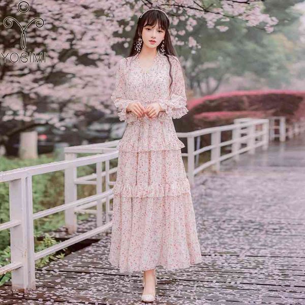 

yosimi evening party long women dress summer maxi elegant pink print chiffon ankle-lenght v-neck sleeve dresses lady 210604, Black;gray