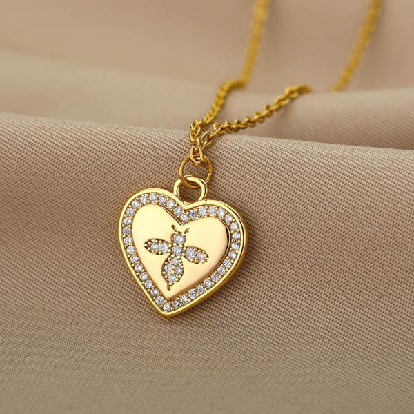 

pendant necklaces zircon heart bee for women stainless steel gold love chain choker charm animal christmas gothic jewelry gift, Silver
