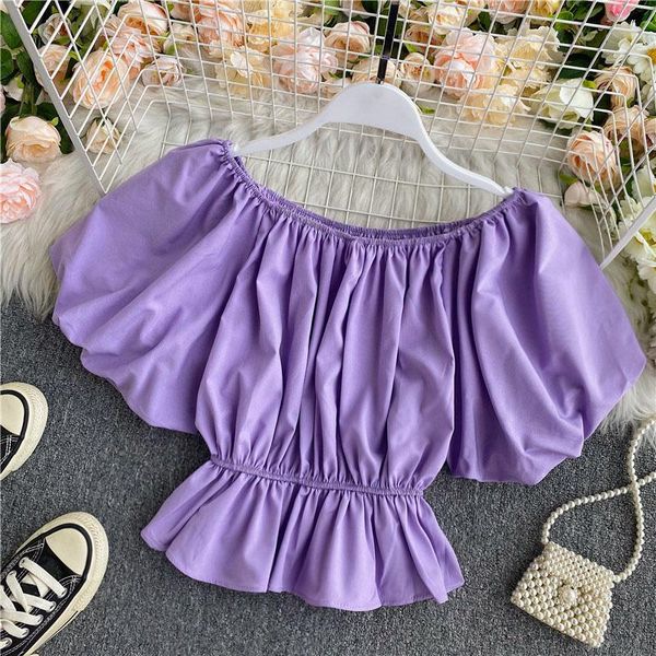 

women's blouses & shirts court style bubble sleeve off shoulder summer 2021 one line waist lotus leaf swing short shirt, White