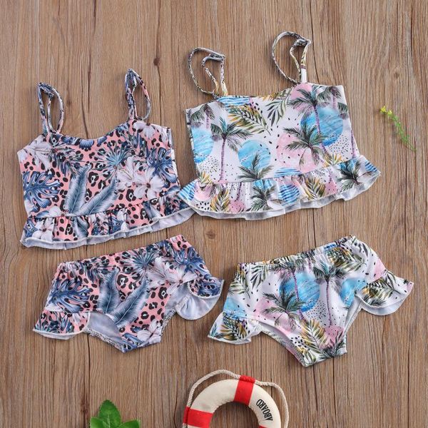 

girls two-piece swimming clothes set, printing sleeveless suspender + shorts beach wear one-pieces, Black