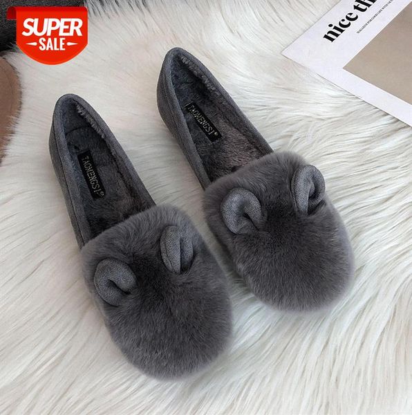 

women's plush shoes, outer wear, peas flat-bottomed rabbit fur plus velvet soft-soled large-size cotton shoes for pregnant women #uf5b