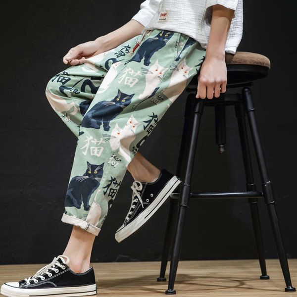 

men's pants and wear loose straight tube make old no iron wash classic print summer chinese style capris se5g, Black